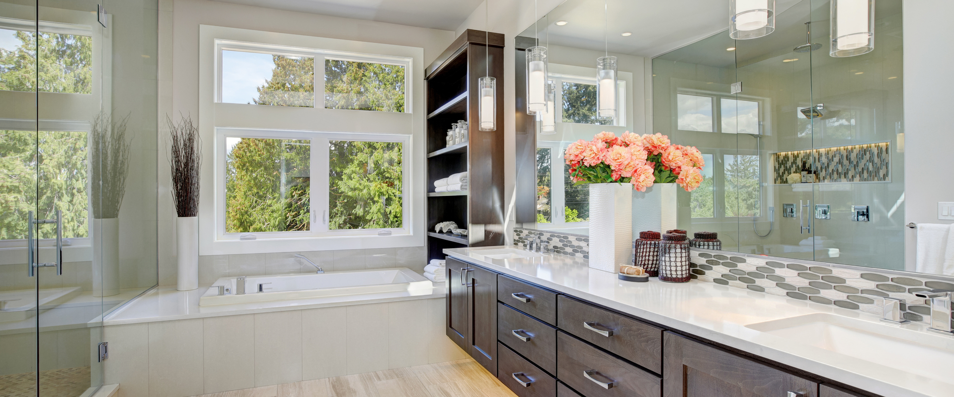 Bathroom vanity with storage, mirrors and natural light